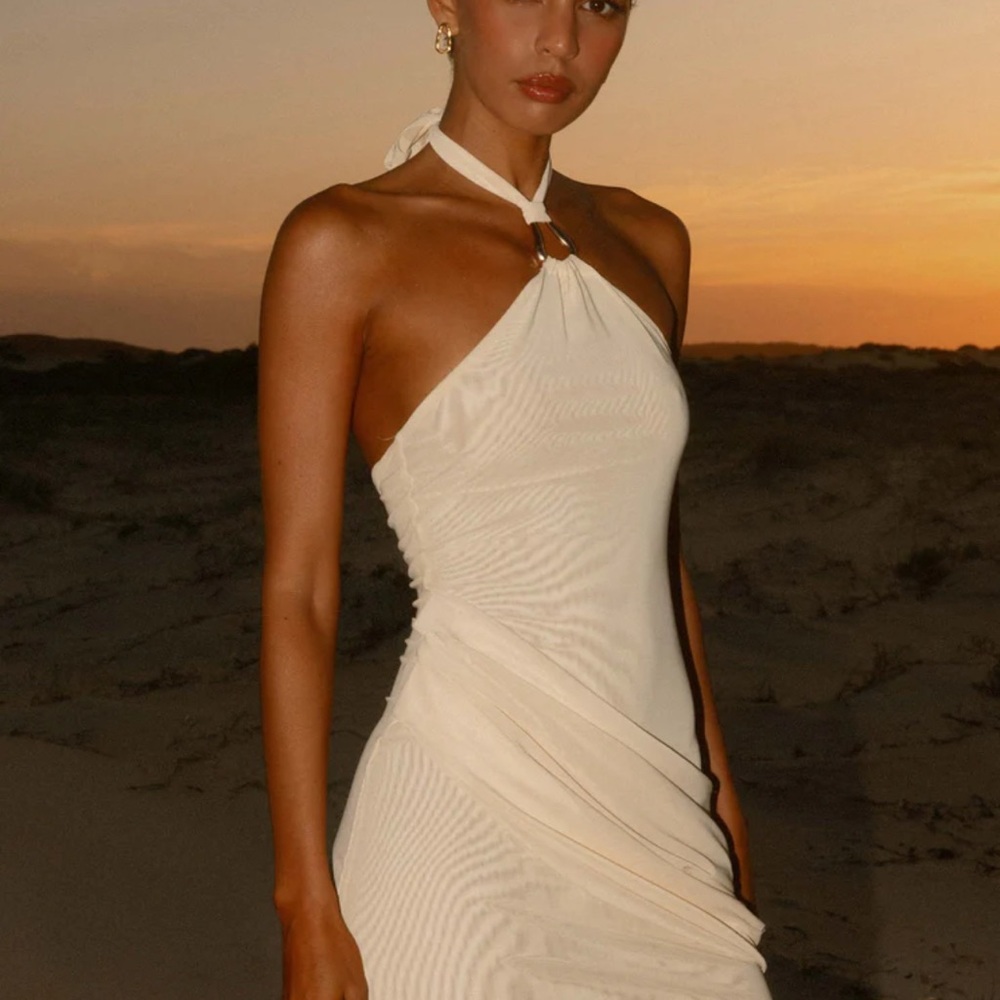 Peppermayo Cream Ruched Halter Sheath Dress